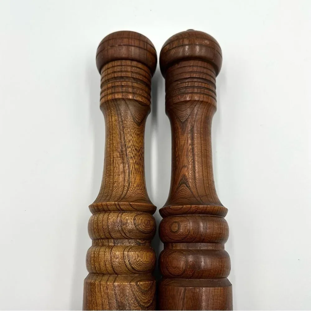 Vintage 1980s Wooden Salt Pepper Grinder Mill Set Large Turned Wood Kitchen Pair